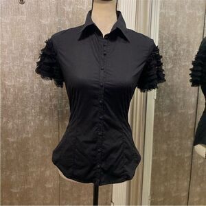 Anne Fontaine Black Button Down Shirt with Ruffle Details, S